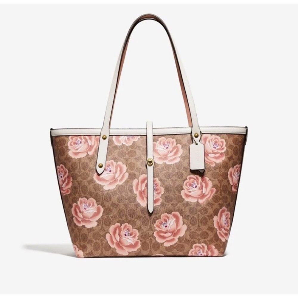 Coach Market Beige/Pink Large Rose Floral Print Leather Tote Bag Turnlock NWT